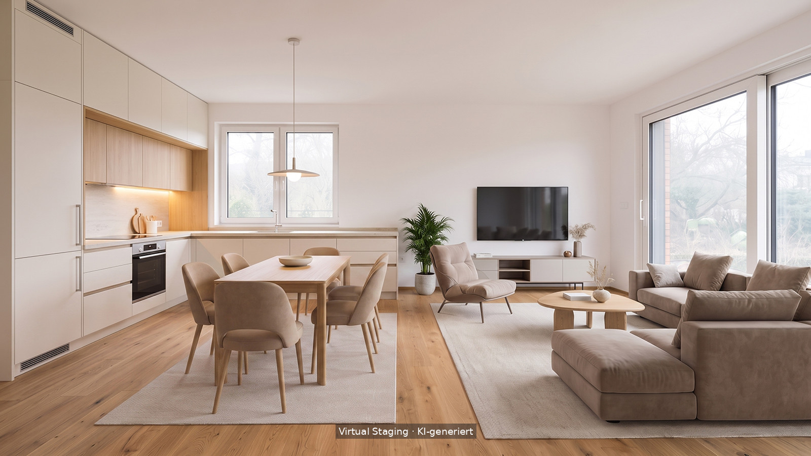 Wohn- und Essbereich in Lassee, Niederösterreich – nach dem Virtual Staging mit Esstisch, Sofa und Sideboard