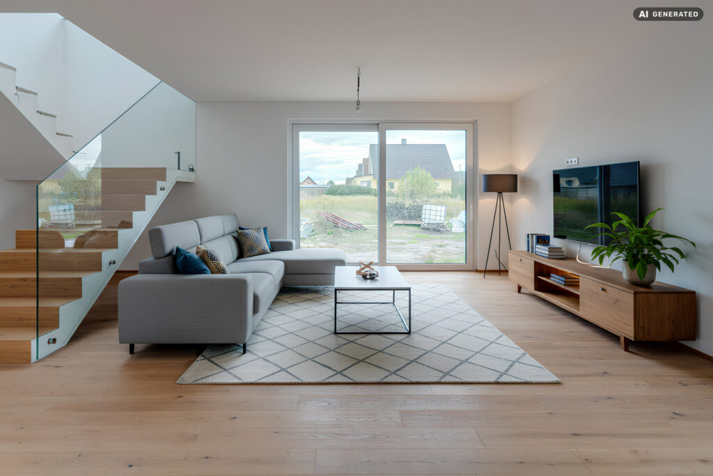 Dasselbe Wohnzimmer in Lassee nach dem Virtual Staging, digital möbliert